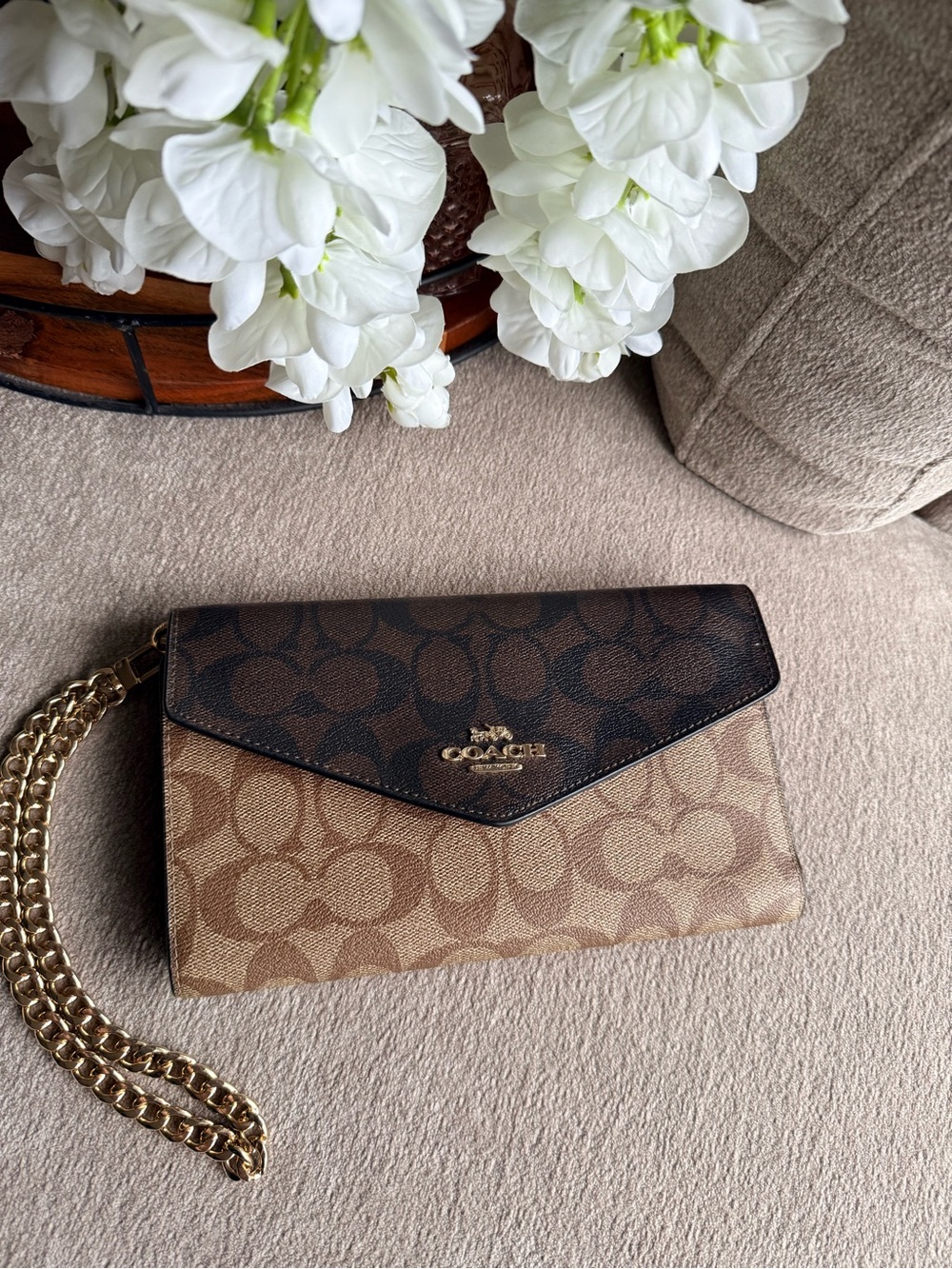 Coach Two-Tone Signature Envelope Travel Wallet Wristlet - Brown/Tan